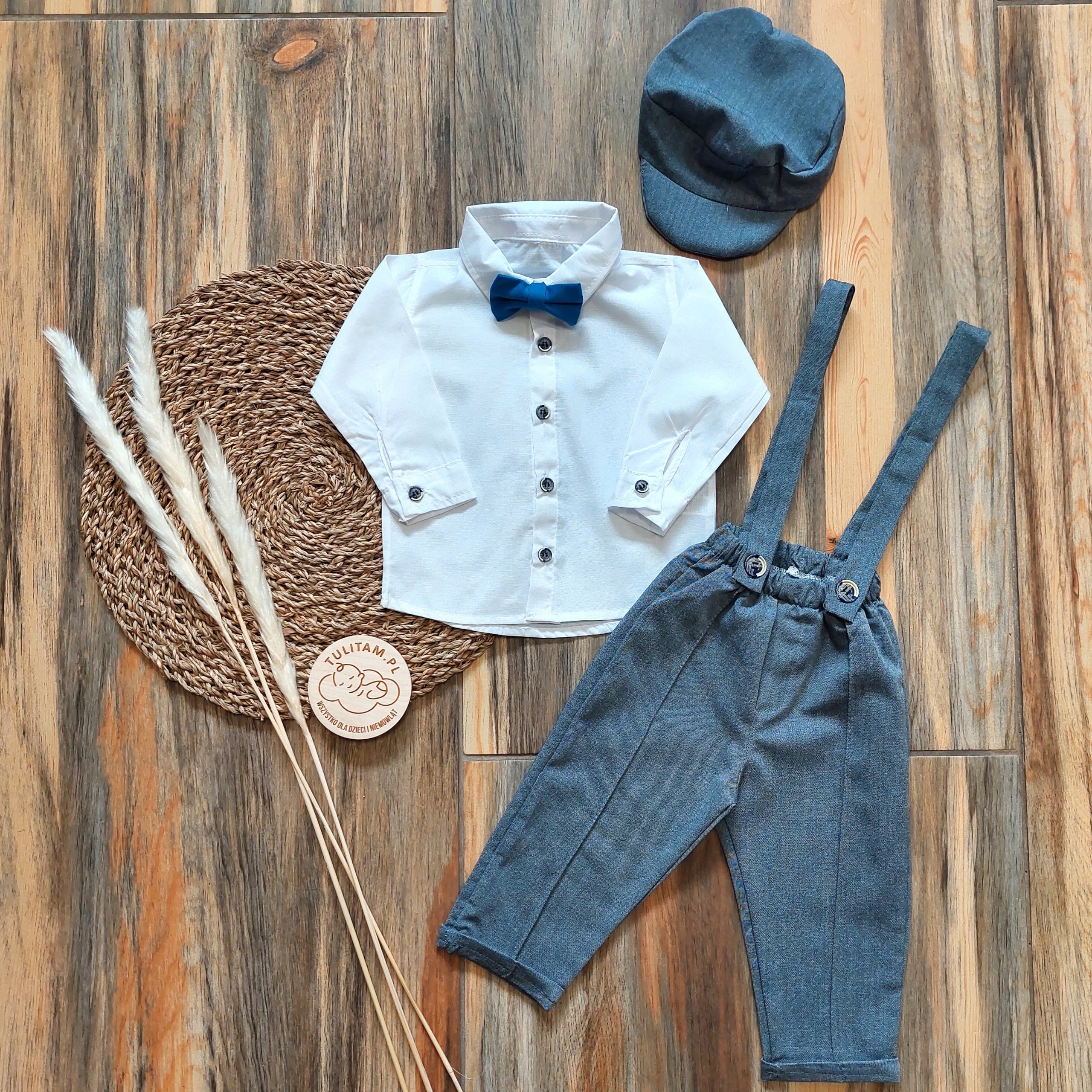 Garnitur 9m chrzest koszula spodnie muszka czapka