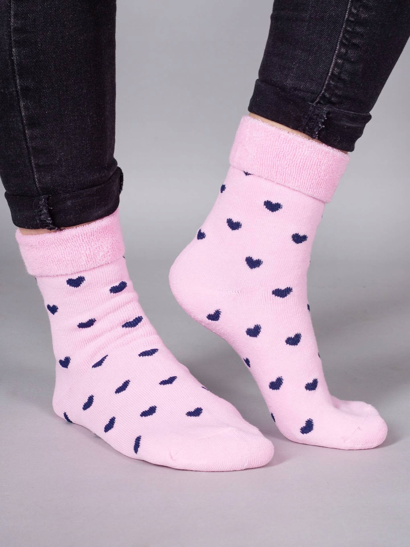 skarpetki dziewczęce frotte bawełniane różowe serca POLSKIE