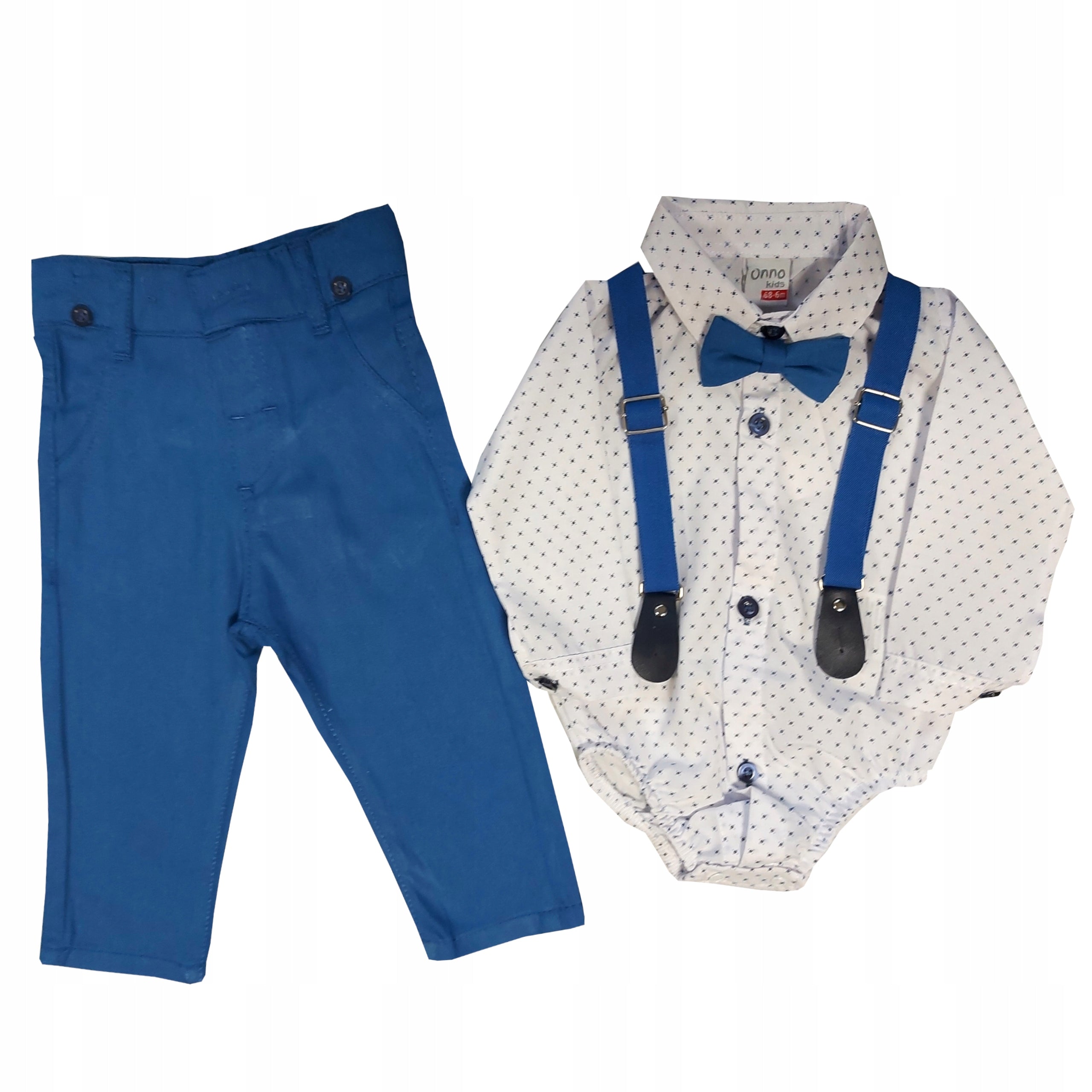 Garnitur chrzest body spodnie szelki muszka 6m